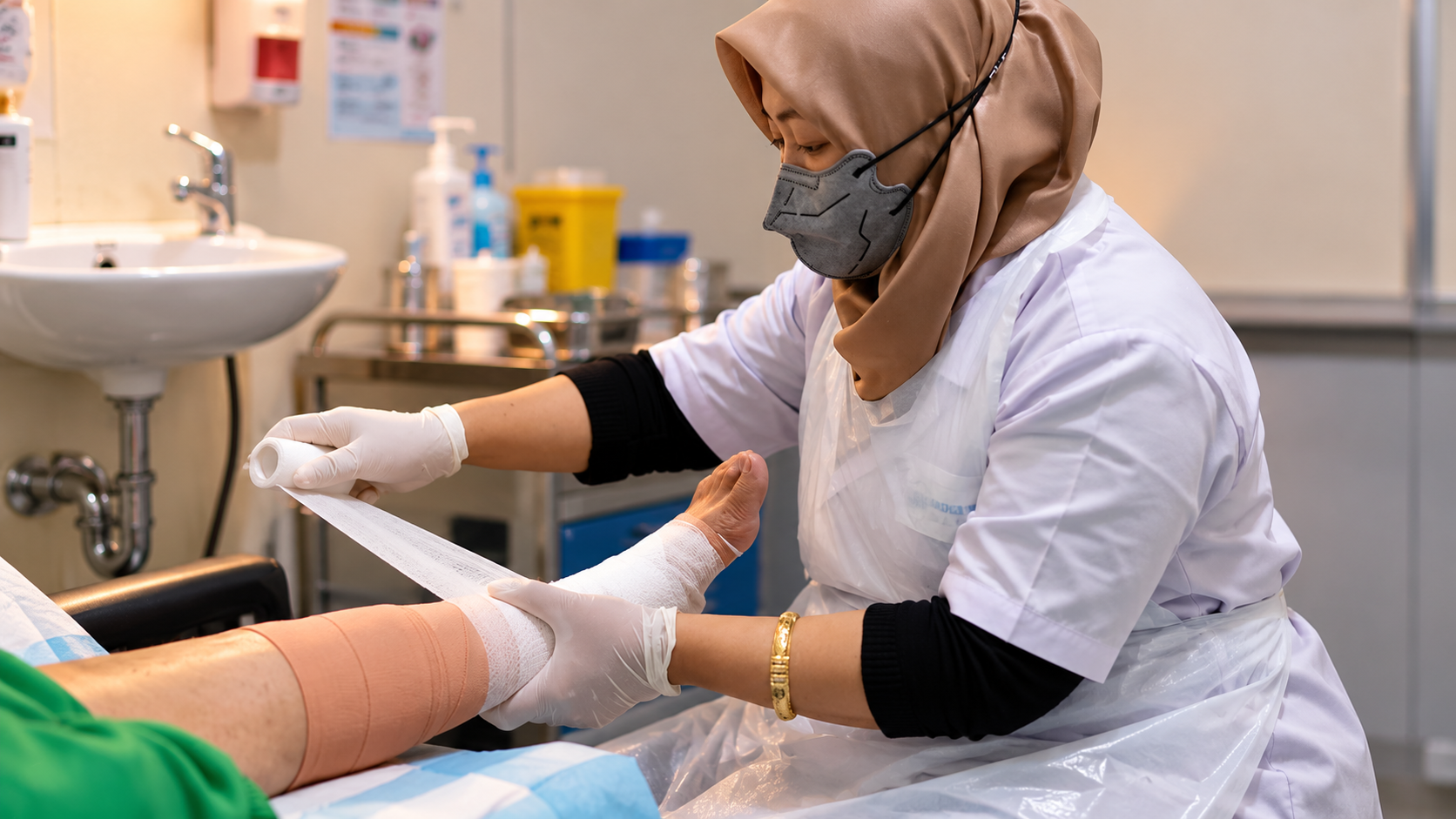 Tenaga kesehatan Moist Care melakukan pembalutan kaki pasien